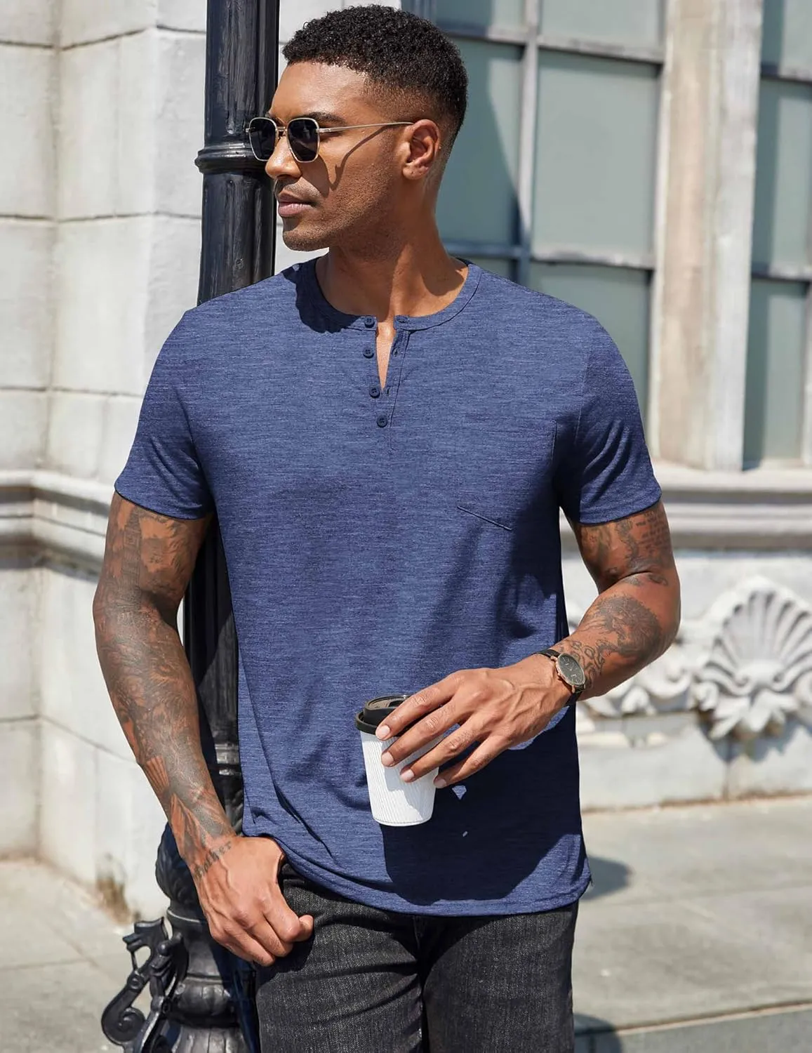 COOFANDY Mens Henley Shirts Short Sleeve Casual T Shirt Plain Slim Fit Henley Stylish Summer Tee Shirts with Pocket