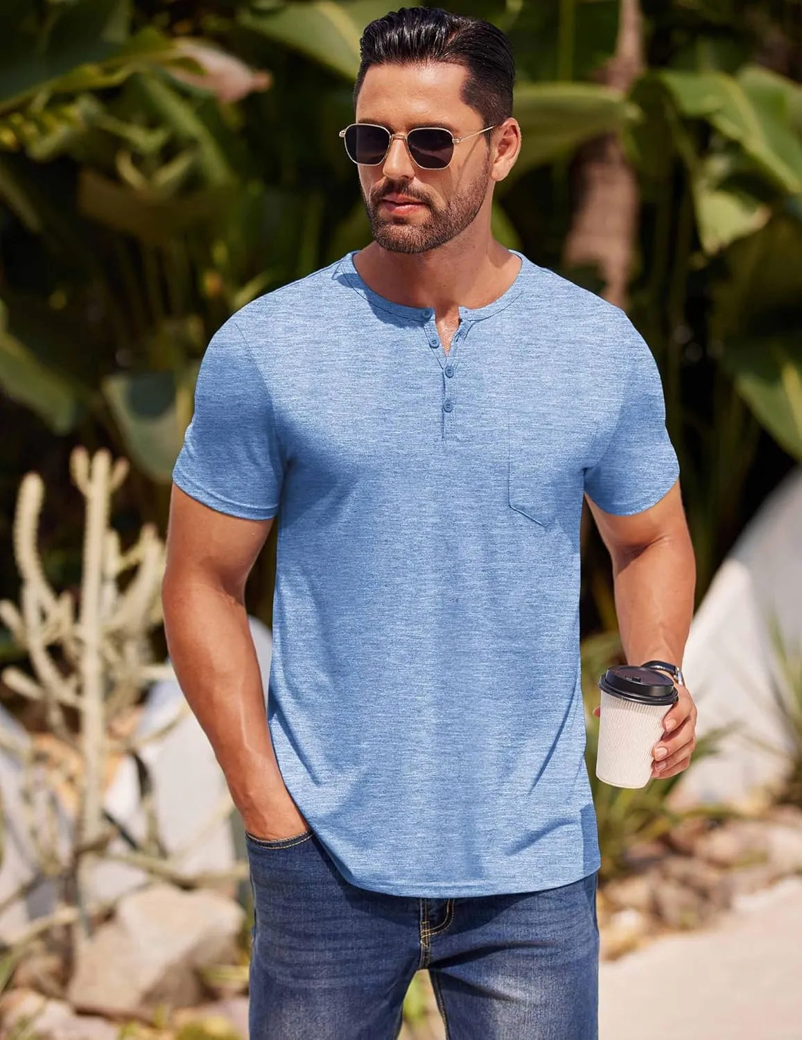 COOFANDY Mens Henley Shirts Short Sleeve Casual T Shirt Plain Slim Fit Henley Stylish Summer Tee Shirts with Pocket