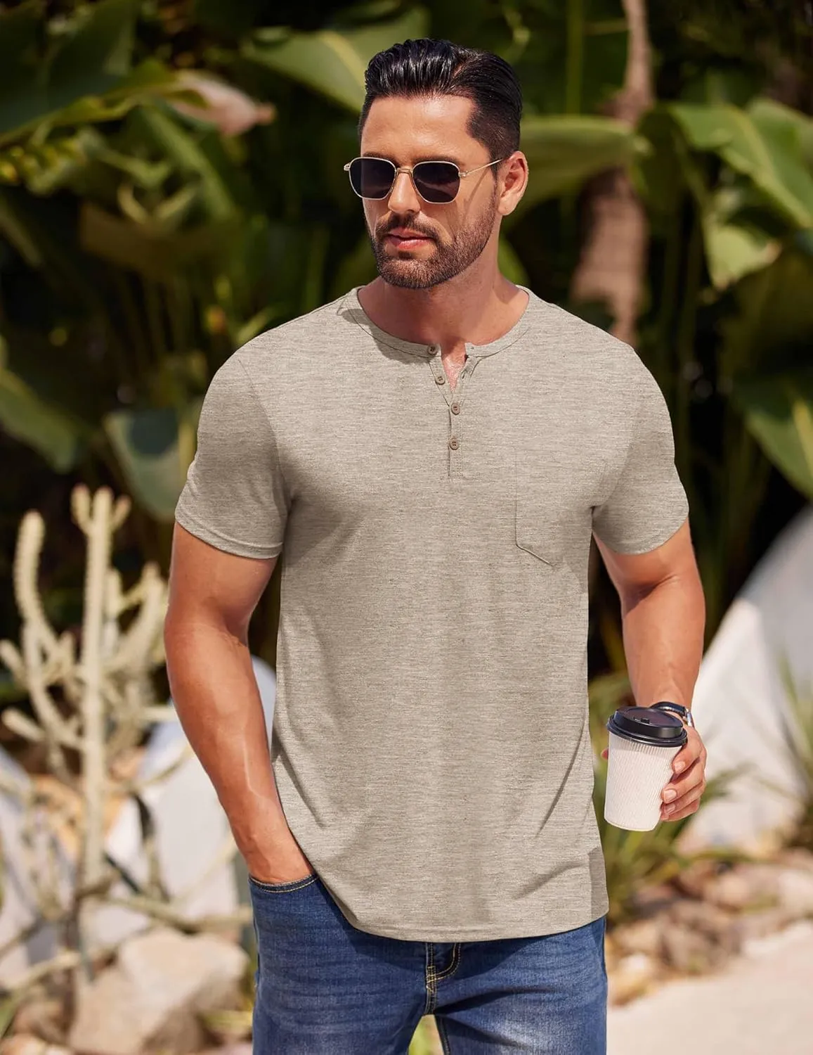 COOFANDY Mens Henley Shirts Short Sleeve Casual T Shirt Plain Slim Fit Henley Stylish Summer Tee Shirts with Pocket