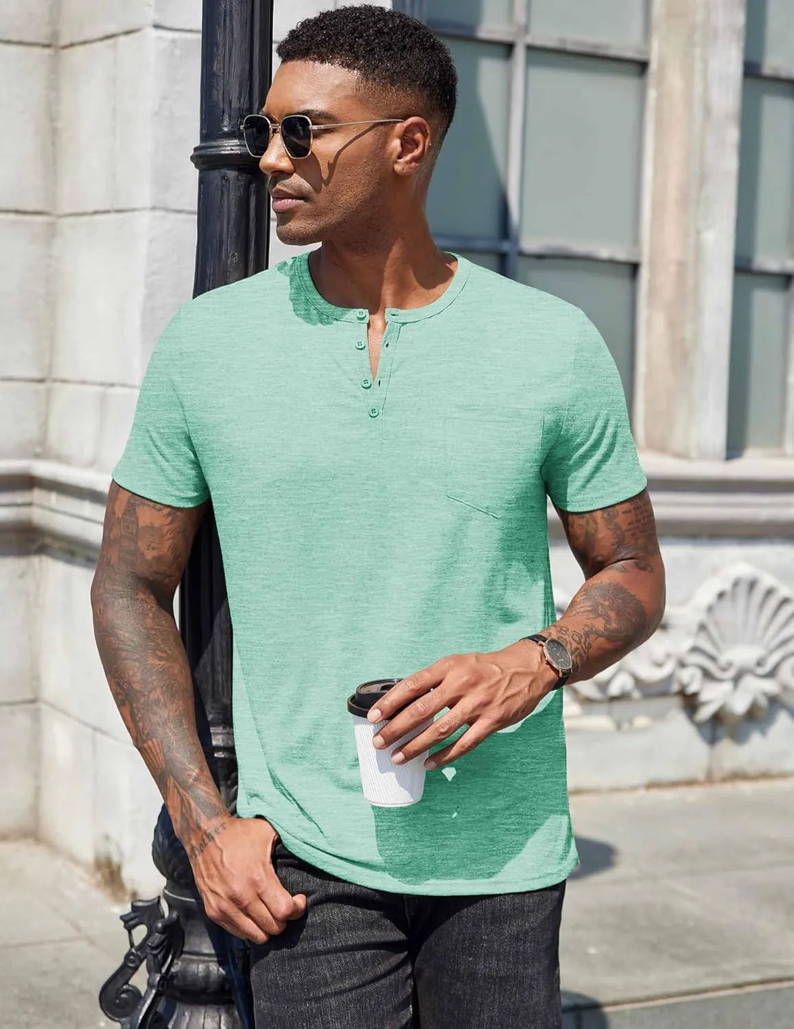 COOFANDY Mens Henley Shirts Short Sleeve Casual T Shirt Plain Slim Fit Henley Stylish Summer Tee Shirts with Pocket