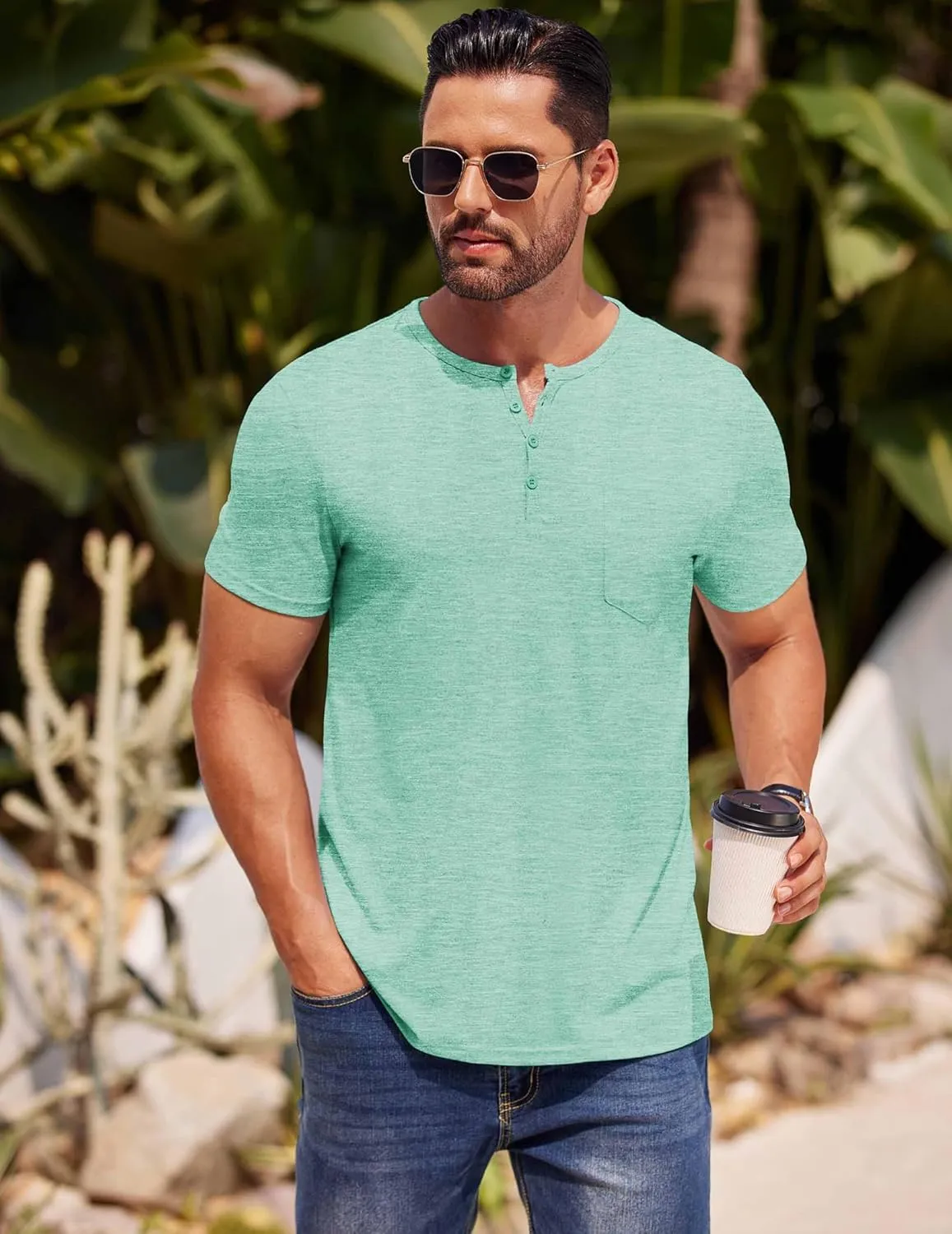 COOFANDY Mens Henley Shirts Short Sleeve Casual T Shirt Plain Slim Fit Henley Stylish Summer Tee Shirts with Pocket