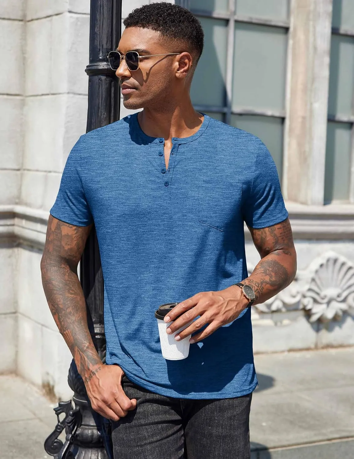 COOFANDY Mens Henley Shirts Short Sleeve Casual T Shirt Plain Slim Fit Henley Stylish Summer Tee Shirts with Pocket