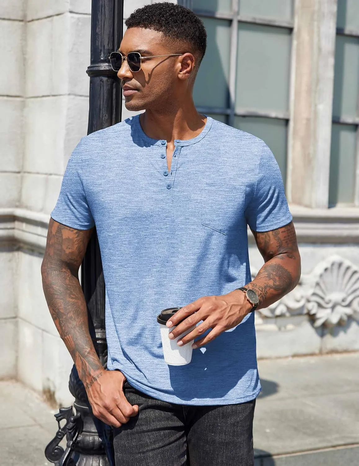 COOFANDY Mens Henley Shirts Short Sleeve Casual T Shirt Plain Slim Fit Henley Stylish Summer Tee Shirts with Pocket