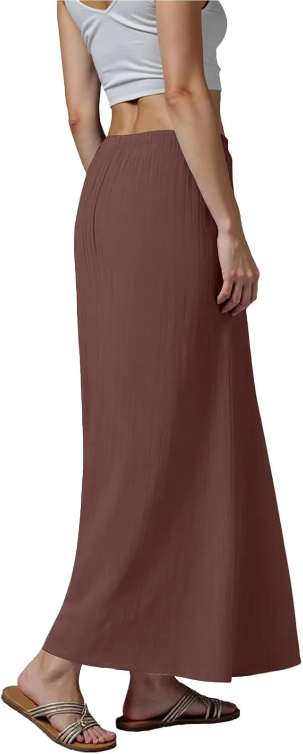 cooki Linen Flared Maxi Skirts for Women Summer Casual Vacation Boho Elastic Waist Drawstring Long Flowy Ankle-Length Skirt