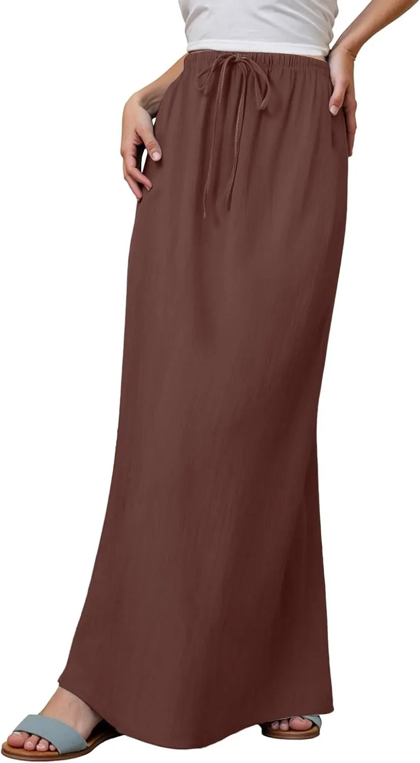 cooki Linen Flared Maxi Skirts for Women Summer Casual Vacation Boho Elastic Waist Drawstring Long Flowy Ankle-Length Skirt