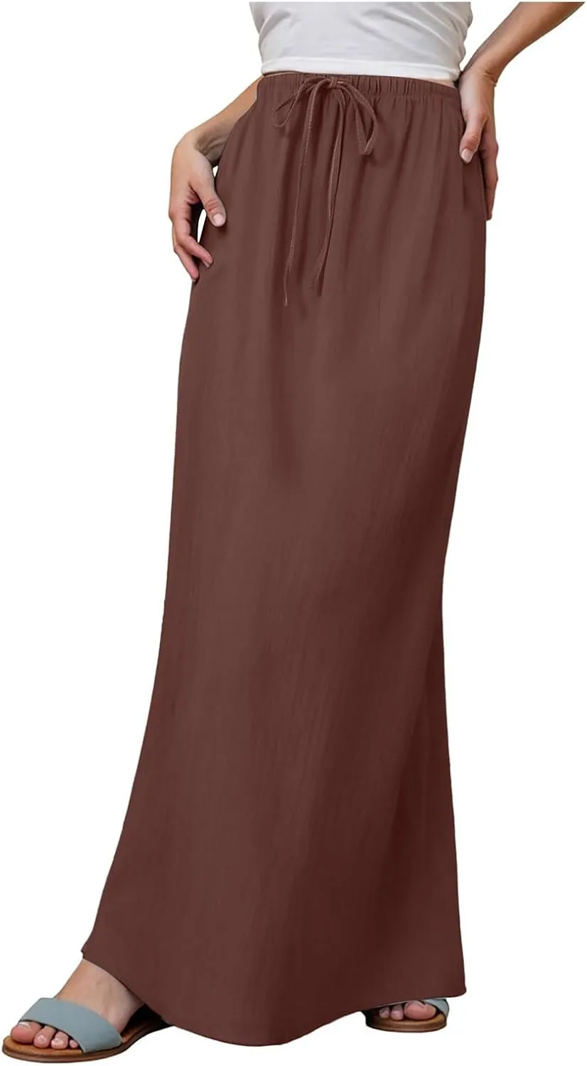 cooki Linen Flared Maxi Skirts for Women Summer Casual Vacation Boho Elastic Waist Drawstring Long Flowy Ankle-Length Skirt