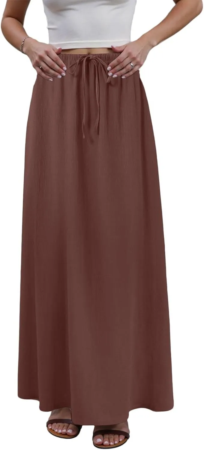 cooki Linen Flared Maxi Skirts for Women Summer Casual Vacation Boho Elastic Waist Drawstring Long Flowy Ankle-Length Skirt