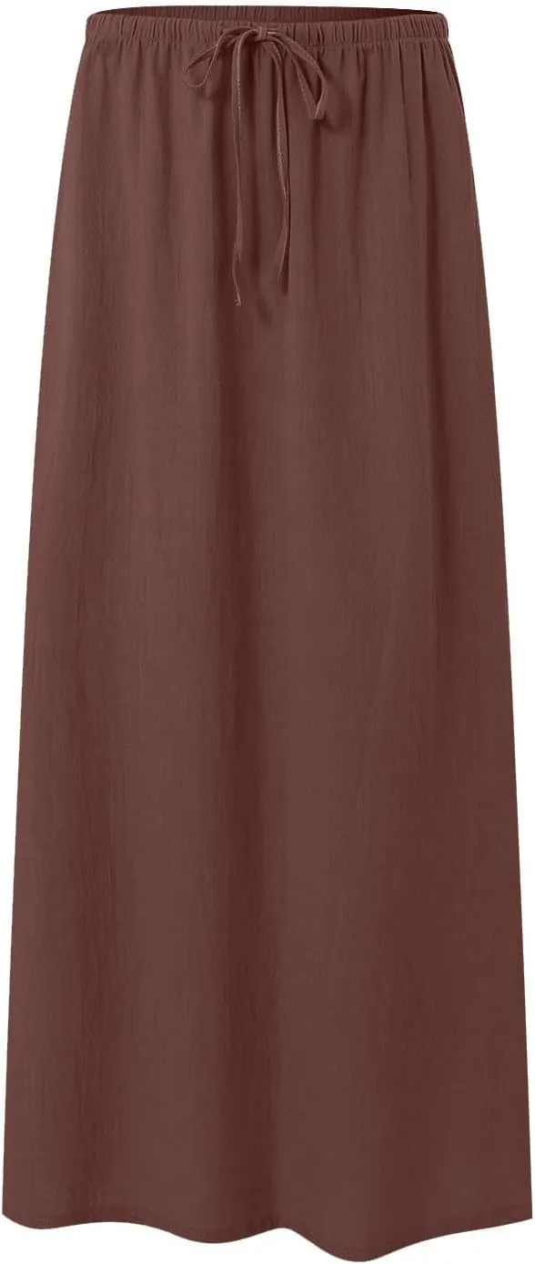 cooki Linen Flared Maxi Skirts for Women Summer Casual Vacation Boho Elastic Waist Drawstring Long Flowy Ankle-Length Skirt