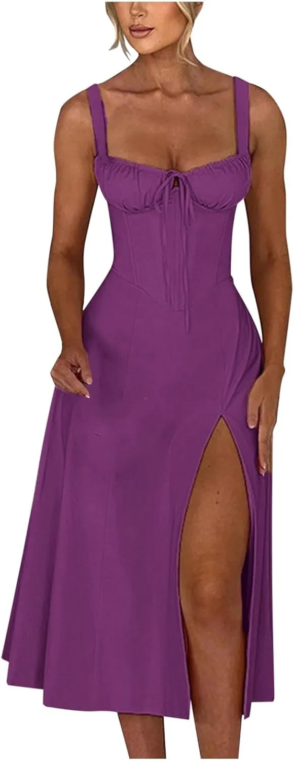 Corset Dress for Women 2024 Trendy Floral Printed Maix Dress Ruched Bust Cami Dress Side Split Flowy Long Sundress