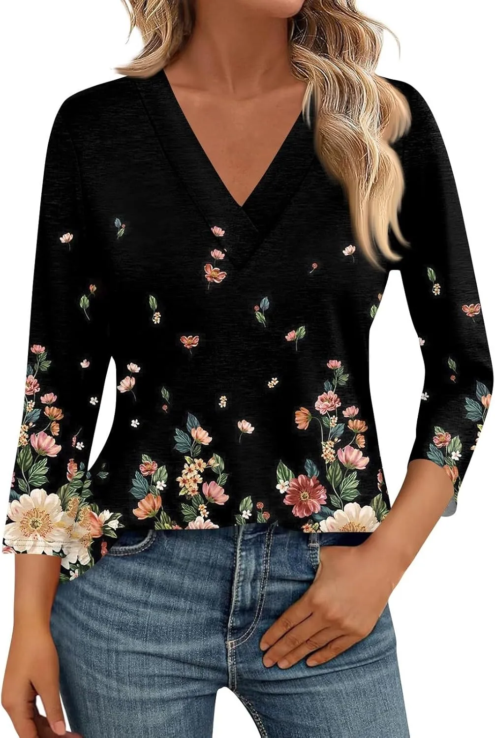 COTECRAM 3/4 Length Sleeve Womens Tops V Neck Dressy Casual Tunic Tops Spring Summer Loose Fit Blouse Shirts 2025