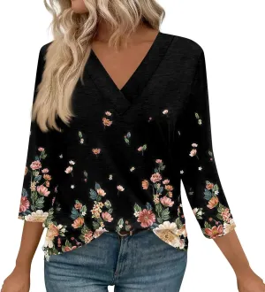 COTECRAM 3/4 Length Sleeve Womens Tops V Neck Dressy Casual Tunic Tops Spring Summer Loose Fit Blouse Shirts 2025