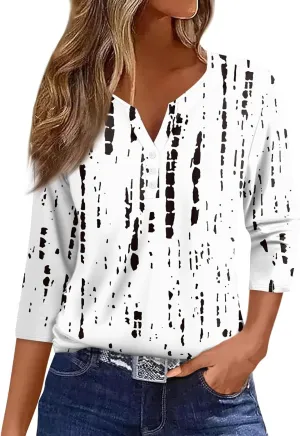COTECRAM Tops for Women 2024 Summer Casual 3/4 Length Sleeve Button V Neck T Shirts Boho Floral Graphic Tees Loose Tunics