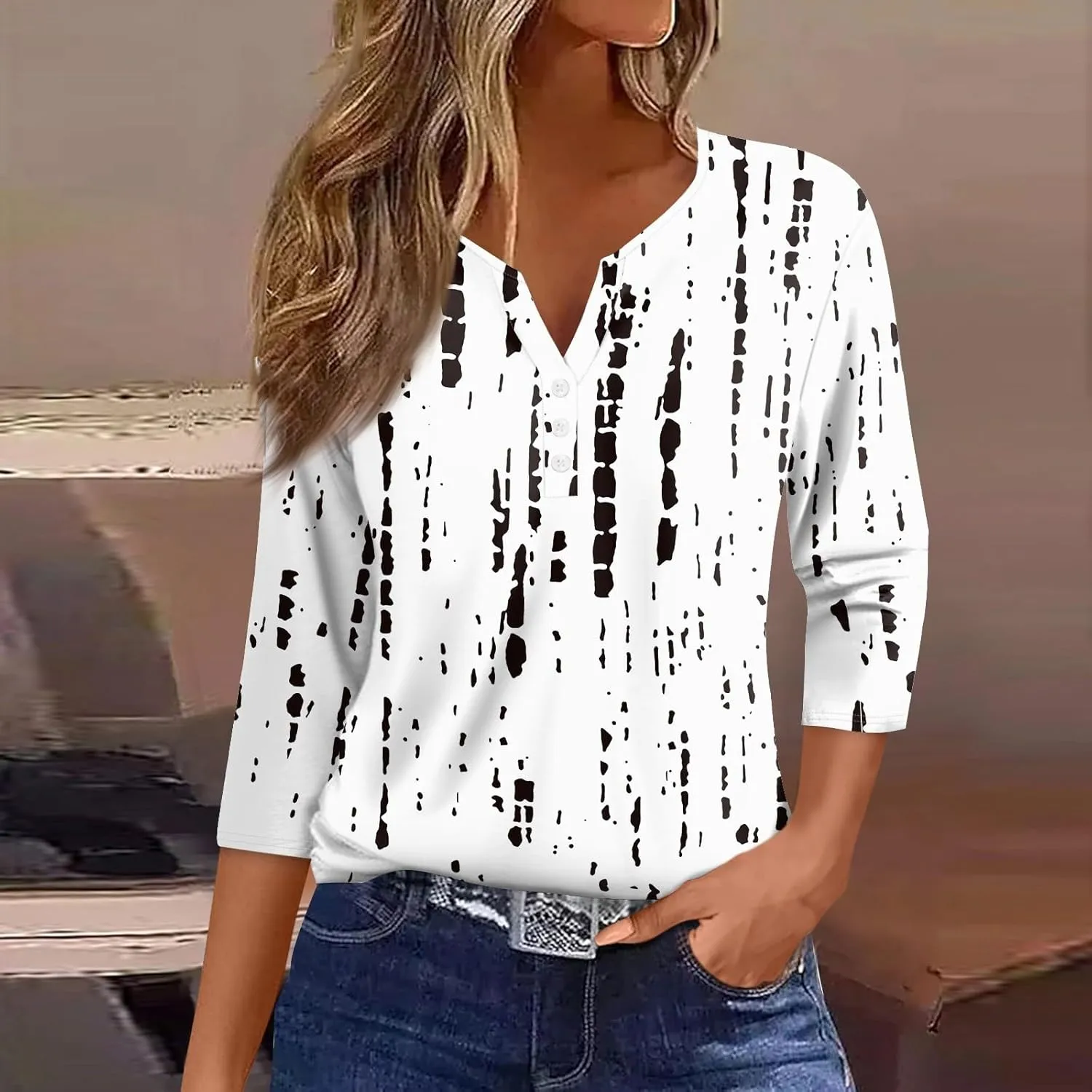 COTECRAM Tops for Women 2024 Summer Casual 3/4 Length Sleeve Button V Neck T Shirts Boho Floral Graphic Tees Loose Tunics