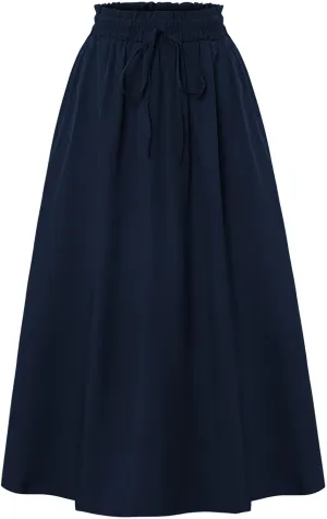 Cotton Linen Skirts for Women Midi Length Summer Drawstring Elastic Waist Smocked A-Line Skirt Knee Length with Pocket