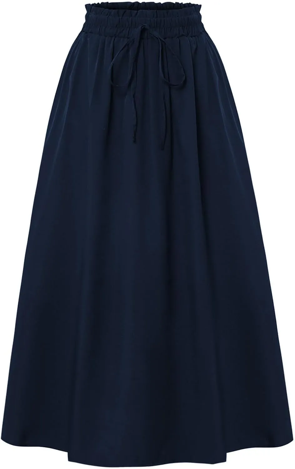Cotton Linen Skirts for Women Midi Length Summer Drawstring Elastic Waist Smocked A-Line Skirt Knee Length with Pocket