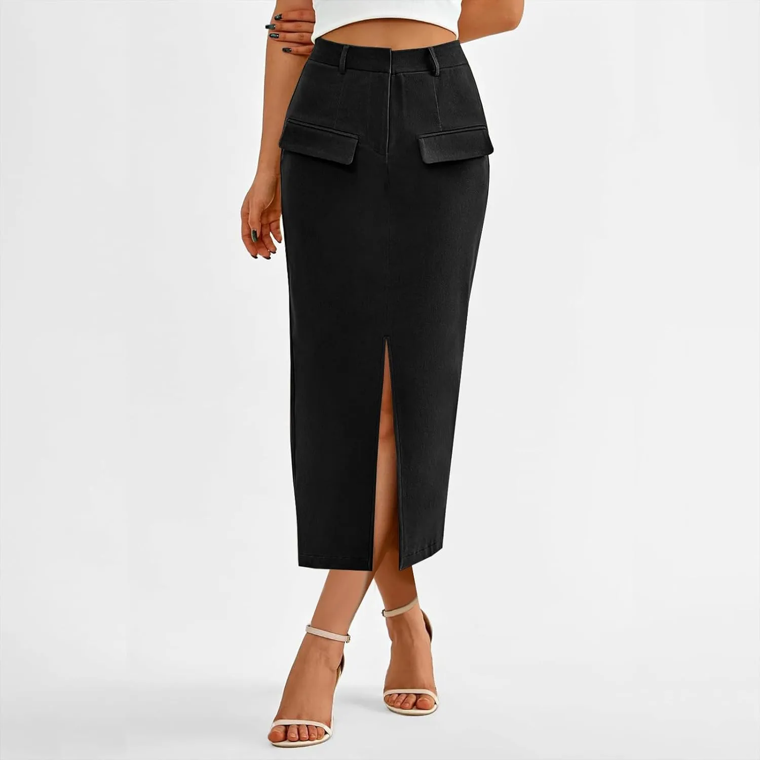 Cotton Skirt for Women 2025 Trendy High Waisted Business Work Pencil Slit Skirts Casual Dressy Skirt with Pockets