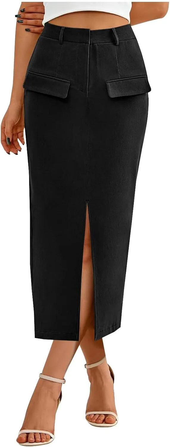 Cotton Skirt for Women 2025 Trendy High Waisted Business Work Pencil Slit Skirts Casual Dressy Skirt with Pockets