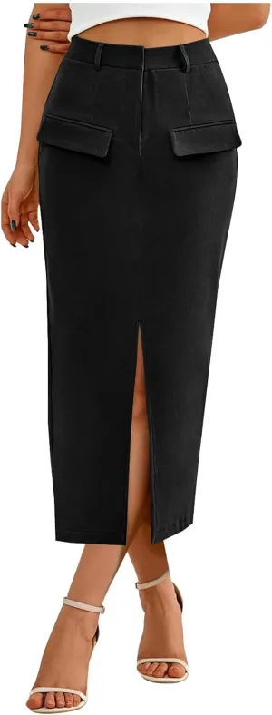 Cotton Skirt for Women 2025 Trendy High Waisted Business Work Pencil Slit Skirts Casual Dressy Skirt with Pockets