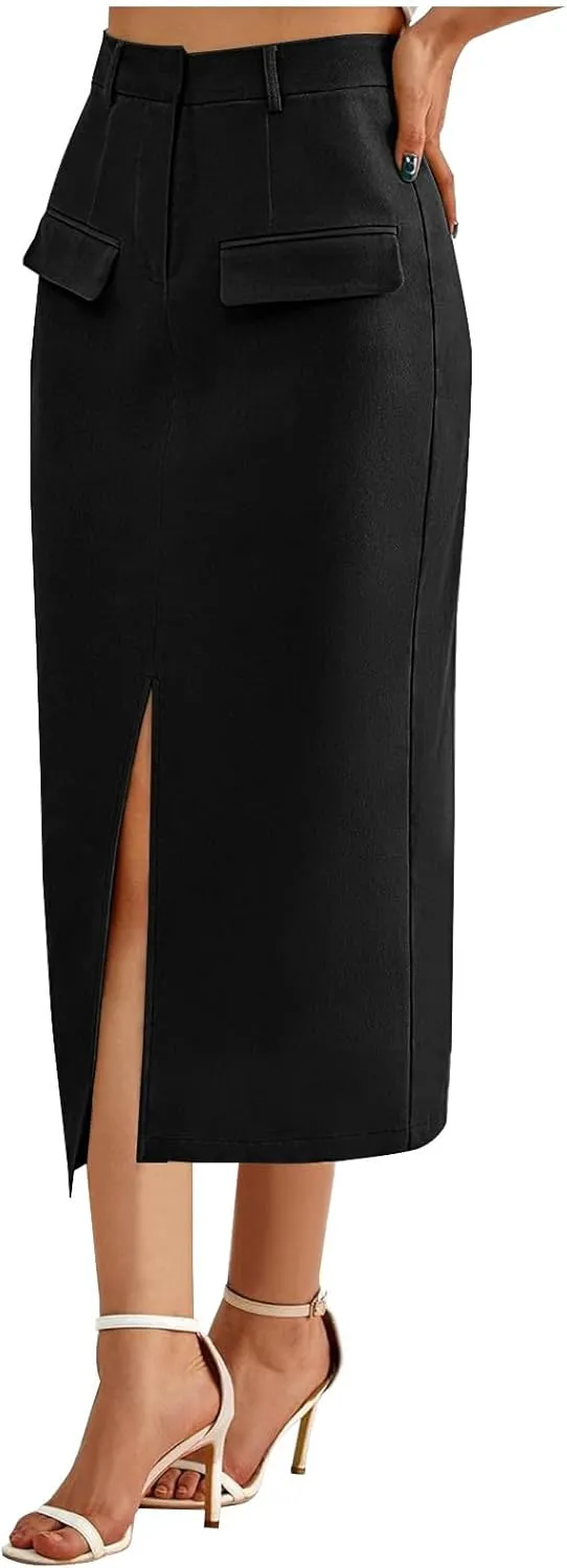 Cotton Skirt for Women 2025 Trendy High Waisted Business Work Pencil Slit Skirts Casual Dressy Skirt with Pockets
