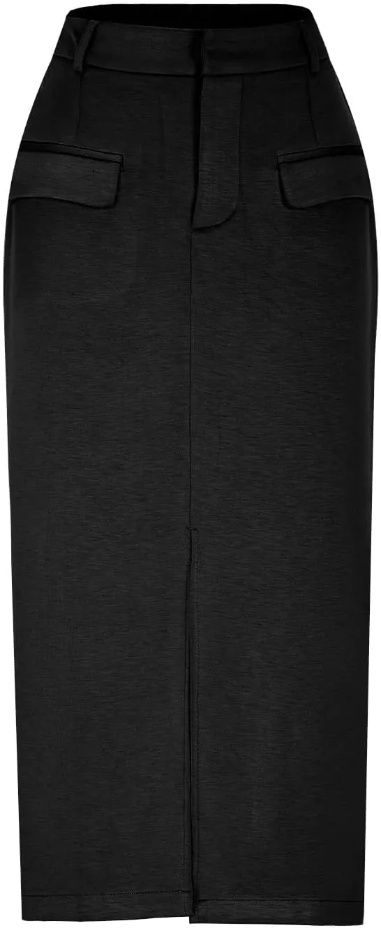 Cotton Skirt for Women 2025 Trendy High Waisted Business Work Pencil Slit Skirts Casual Dressy Skirt with Pockets