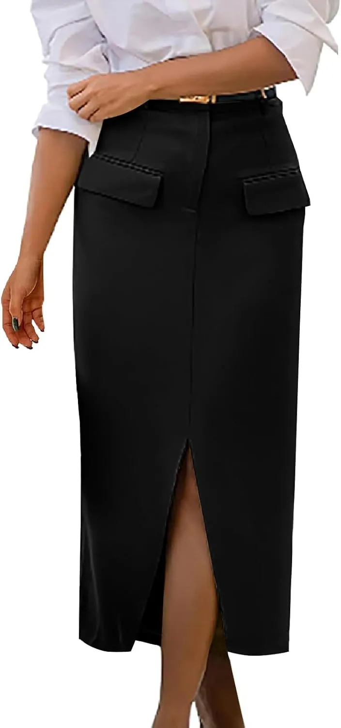 Cotton Skirt for Women 2025 Trendy High Waisted Business Work Pencil Slit Skirts Casual Dressy Skirt with Pockets
