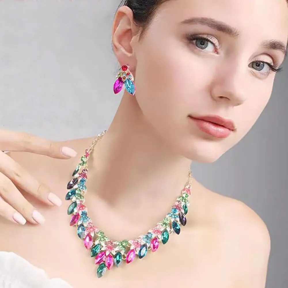 Crystal Floral Statement Necklace Earring Rhinestone Bib Collar Chunky Necklace Bridal Wedding Jewelry Set