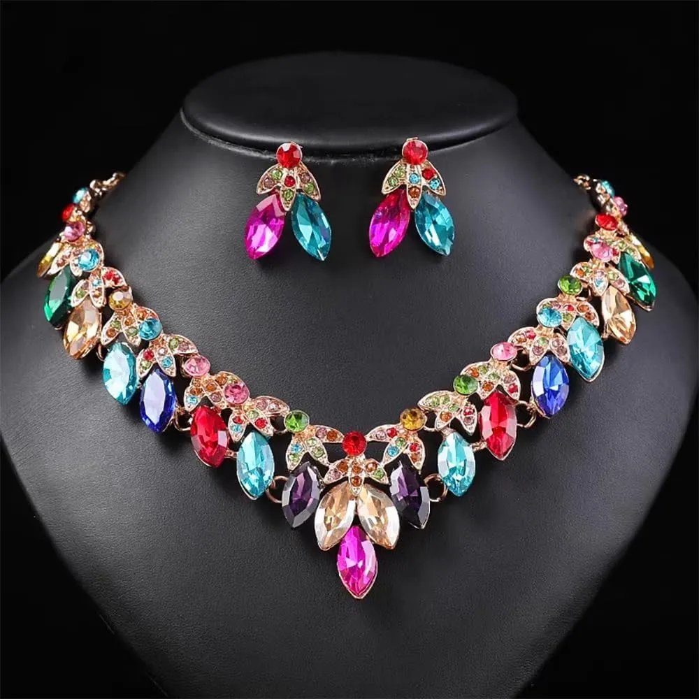Crystal Floral Statement Necklace Earring Rhinestone Bib Collar Chunky Necklace Bridal Wedding Jewelry Set