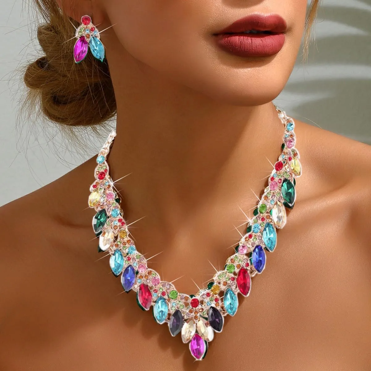 Crystal Floral Statement Necklace Earring Rhinestone Bib Collar Chunky Necklace Bridal Wedding Jewelry Set