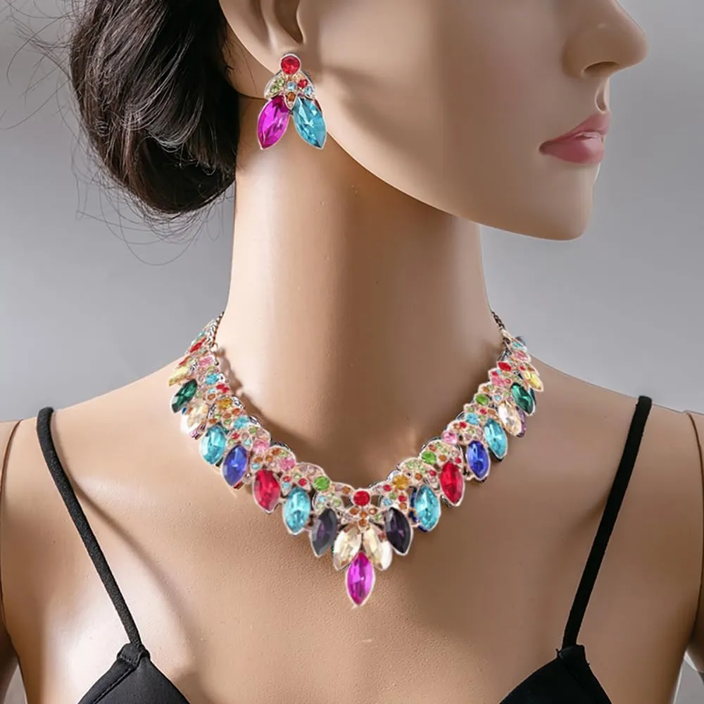 Crystal Floral Statement Necklace Earring Rhinestone Bib Collar Chunky Necklace Bridal Wedding Jewelry Set