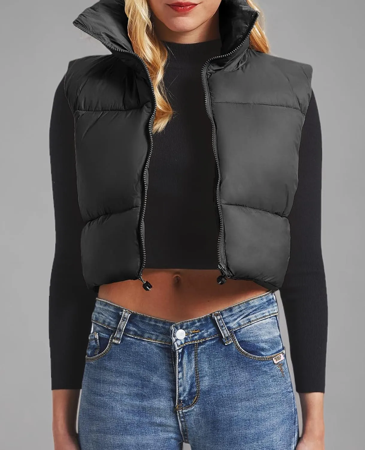 CULACCINO Women's Winter Cropped Puffer Vest Crop Jackets For Women Full Zip Stand Collar Padded Lightweight Outwear Vest