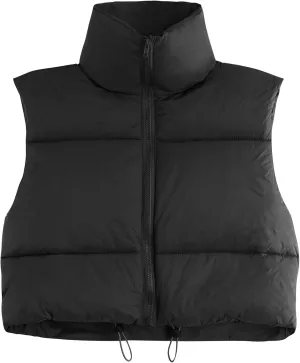 CULACCINO Women's Winter Cropped Puffer Vest Crop Jackets For Women Full Zip Stand Collar Padded Lightweight Outwear Vest