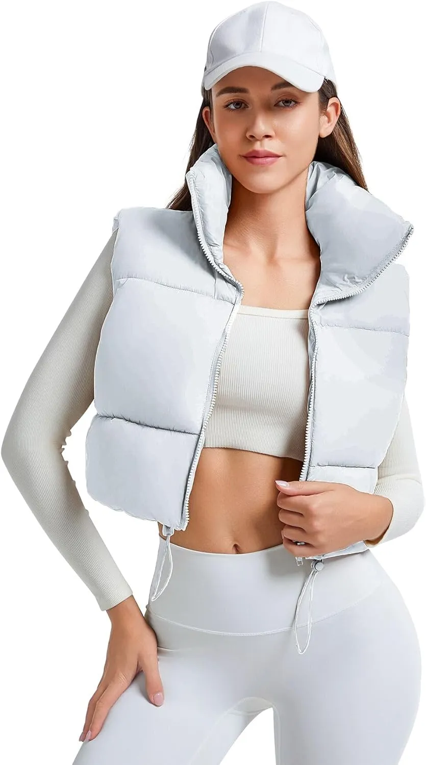 CULACCINO Women's Winter Cropped Puffer Vest Crop Jackets For Women Full Zip Stand Collar Padded Lightweight Outwear Vest
