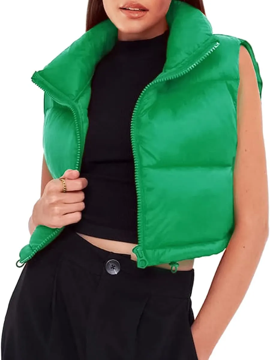 CULACCINO Women's Winter Cropped Puffer Vest Crop Jackets For Women Full Zip Stand Collar Padded Lightweight Outwear Vest