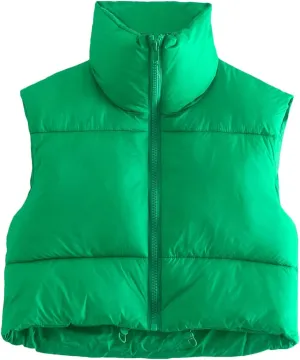 CULACCINO Women's Winter Cropped Puffer Vest Crop Jackets For Women Full Zip Stand Collar Padded Lightweight Outwear Vest