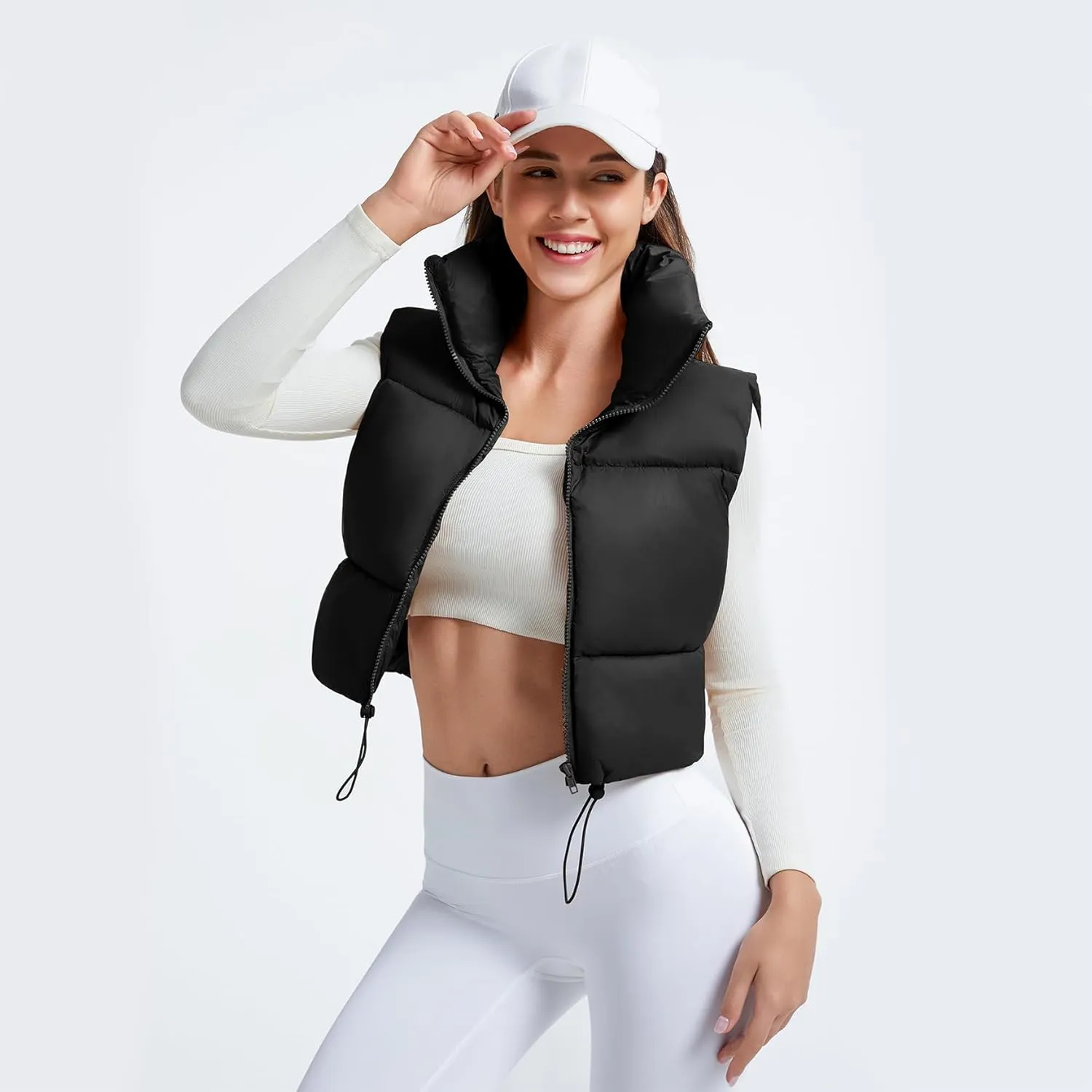 CULACCINO Women's Winter Cropped Puffer Vest Crop Jackets For Women Full Zip Stand Collar Padded Lightweight Outwear Vest