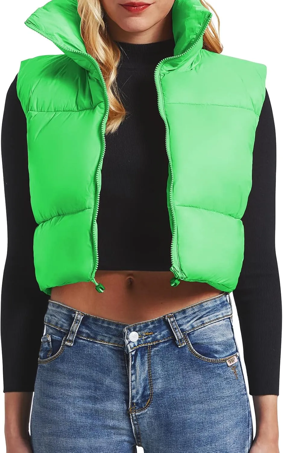 CULACCINO Women's Winter Cropped Puffer Vest Crop Jackets For Women Full Zip Stand Collar Padded Lightweight Outwear Vest