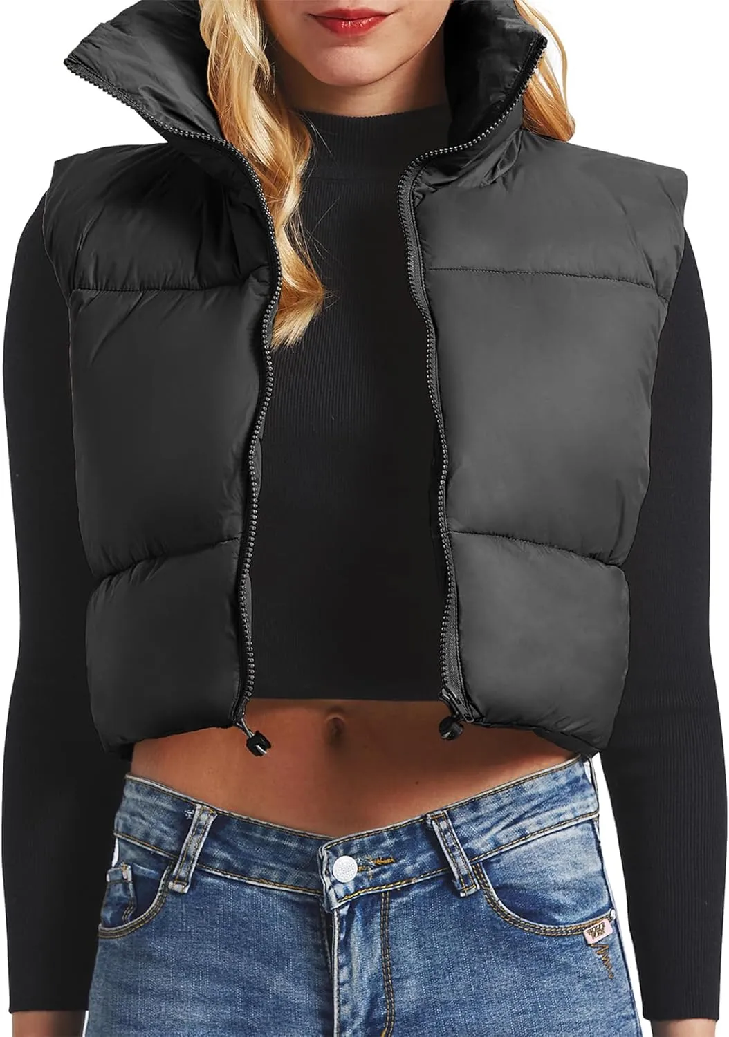 CULACCINO Women's Winter Cropped Puffer Vest Crop Jackets For Women Full Zip Stand Collar Padded Lightweight Outwear Vest