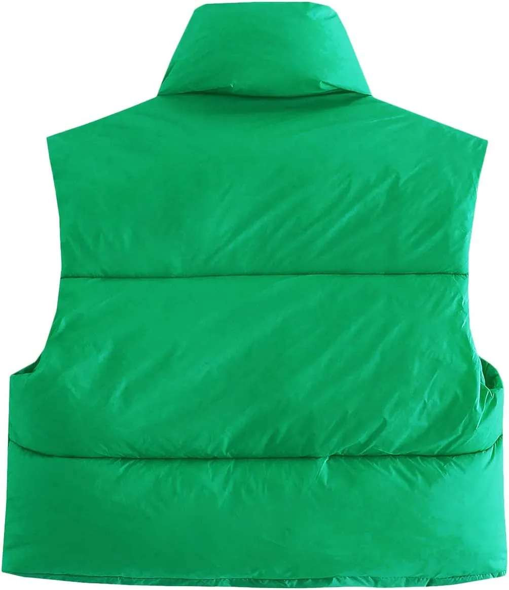 CULACCINO Women's Winter Cropped Puffer Vest Crop Jackets For Women Full Zip Stand Collar Padded Lightweight Outwear Vest