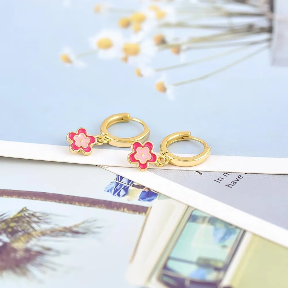 Cute Flower Dangle Drop Earrings for Women 14k Gold Plated Dainty Colorful Enamel Floral Charm Dangling Cartilage Piercing Huggie Hoops Hypoallergenic Fashion Trendy Jewelry for Her Daughter