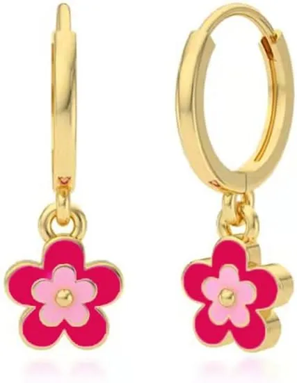 Cute Flower Dangle Drop Earrings for Women 14k Gold Plated Dainty Colorful Enamel Floral Charm Dangling Cartilage Piercing Huggie Hoops Hypoallergenic Fashion Trendy Jewelry for Her Daughter