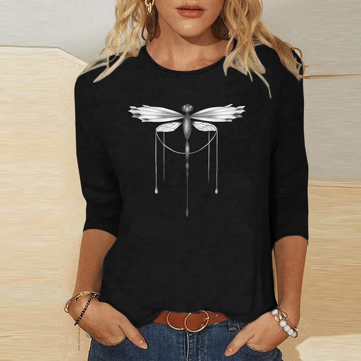 Cute Graphic 3/4 Sleeve Tops for Women Causal 2024 Summer Three Quarter Elbow Length Dragonfly Print Shirt Blouse