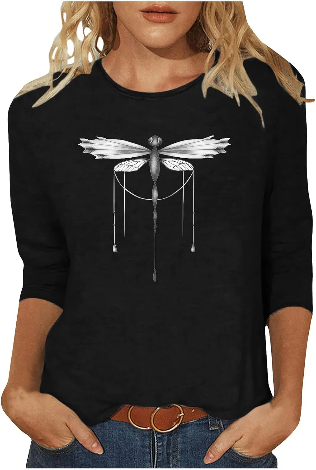 Cute Graphic 3/4 Sleeve Tops for Women Causal 2024 Summer Three Quarter Elbow Length Dragonfly Print Shirt Blouse
