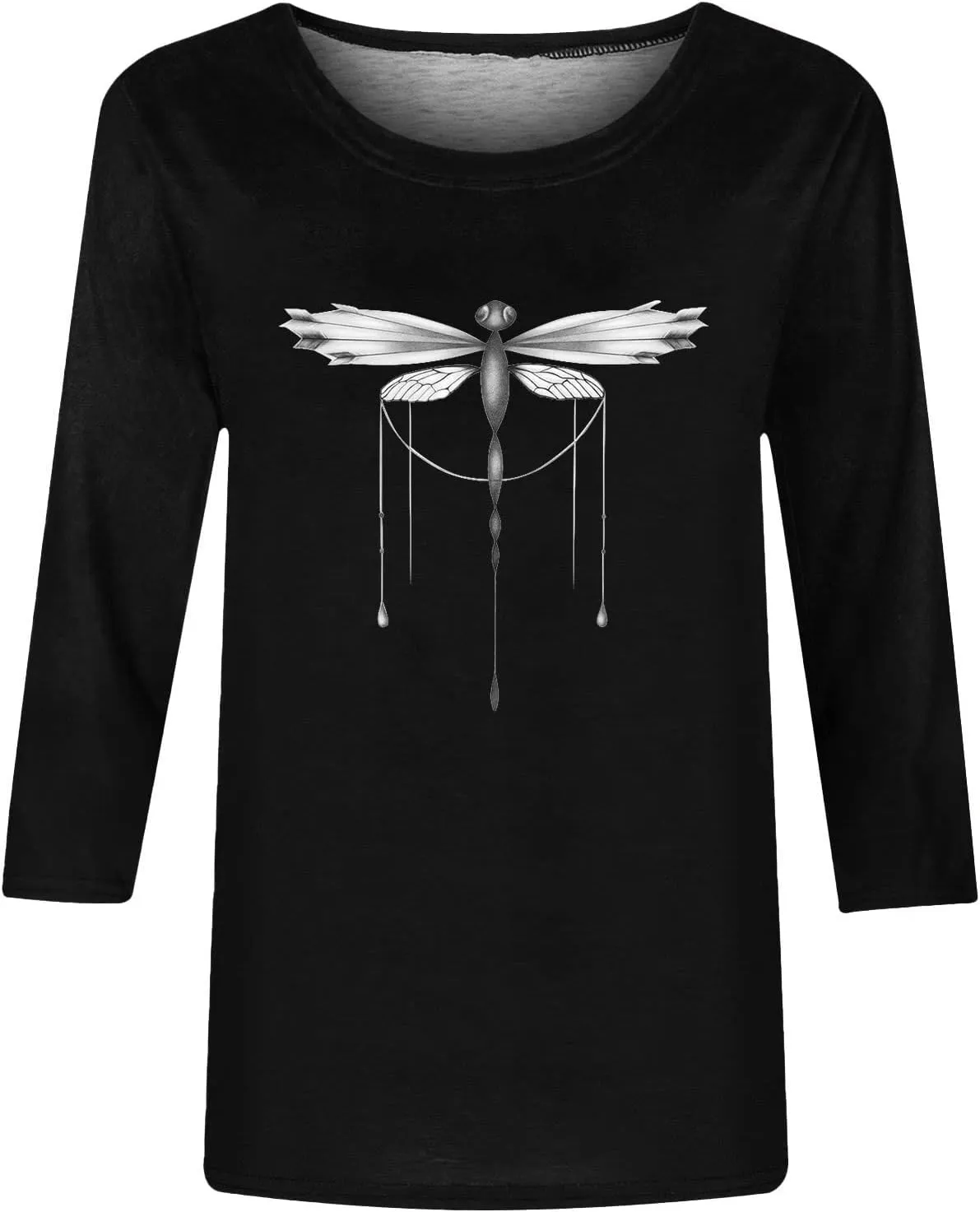 Cute Graphic 3/4 Sleeve Tops for Women Causal 2024 Summer Three Quarter Elbow Length Dragonfly Print Shirt Blouse