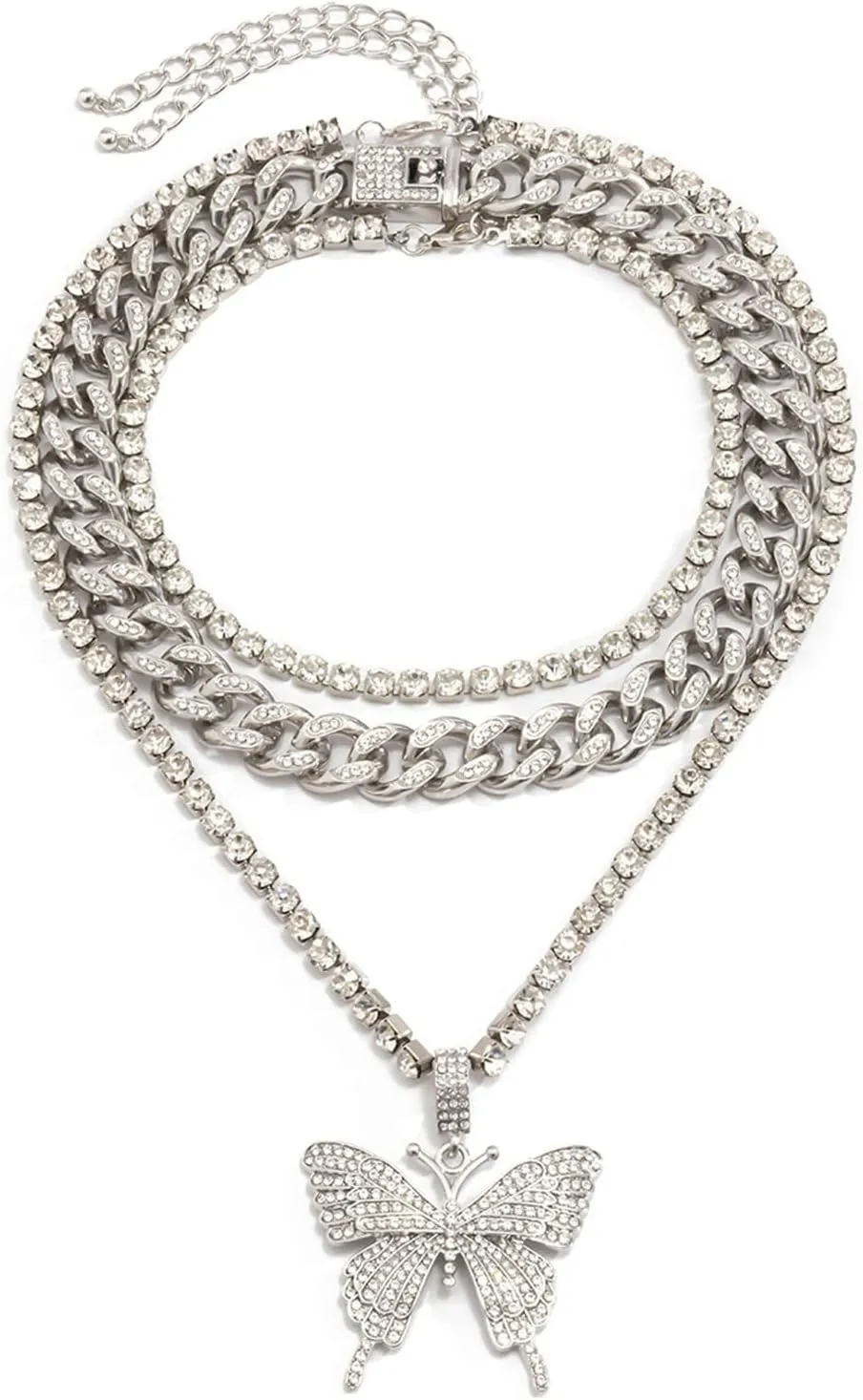 CZ Cuban Chain Layered Necklaces for Women, Butterfly 3 Layered Necklaces for
