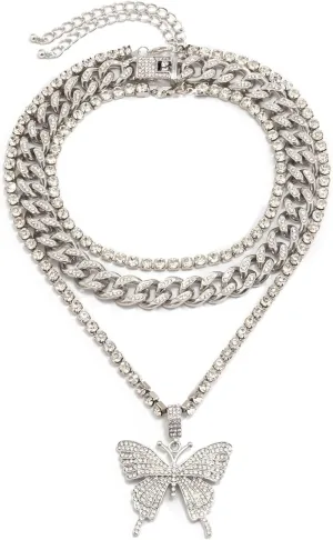 CZ Cuban Chain Layered Necklaces for Women, Butterfly 3 Layered Necklaces for