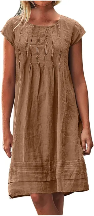 DDAPJ pyju Linen Midi Dresses for Women Plus Size Cap Sleeve Pleated Crewneck Shirt Dress Summer Casual Beach Vacation Outfit
