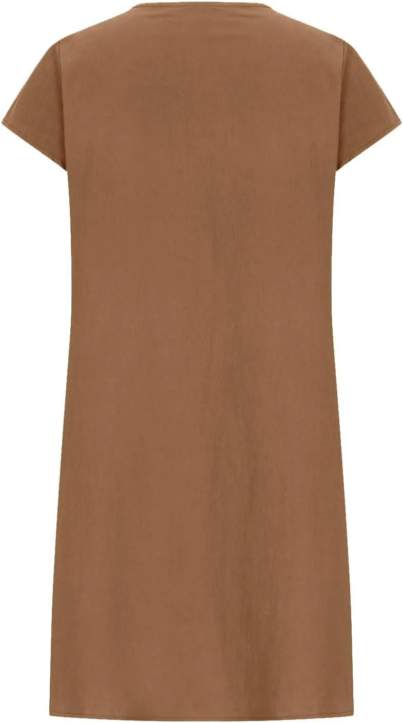 DDAPJ pyju Linen Midi Dresses for Women Plus Size Cap Sleeve Pleated Crewneck Shirt Dress Summer Casual Beach Vacation Outfit
