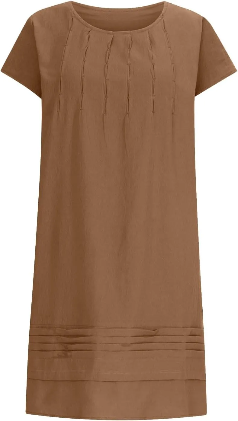 DDAPJ pyju Linen Midi Dresses for Women Plus Size Cap Sleeve Pleated Crewneck Shirt Dress Summer Casual Beach Vacation Outfit