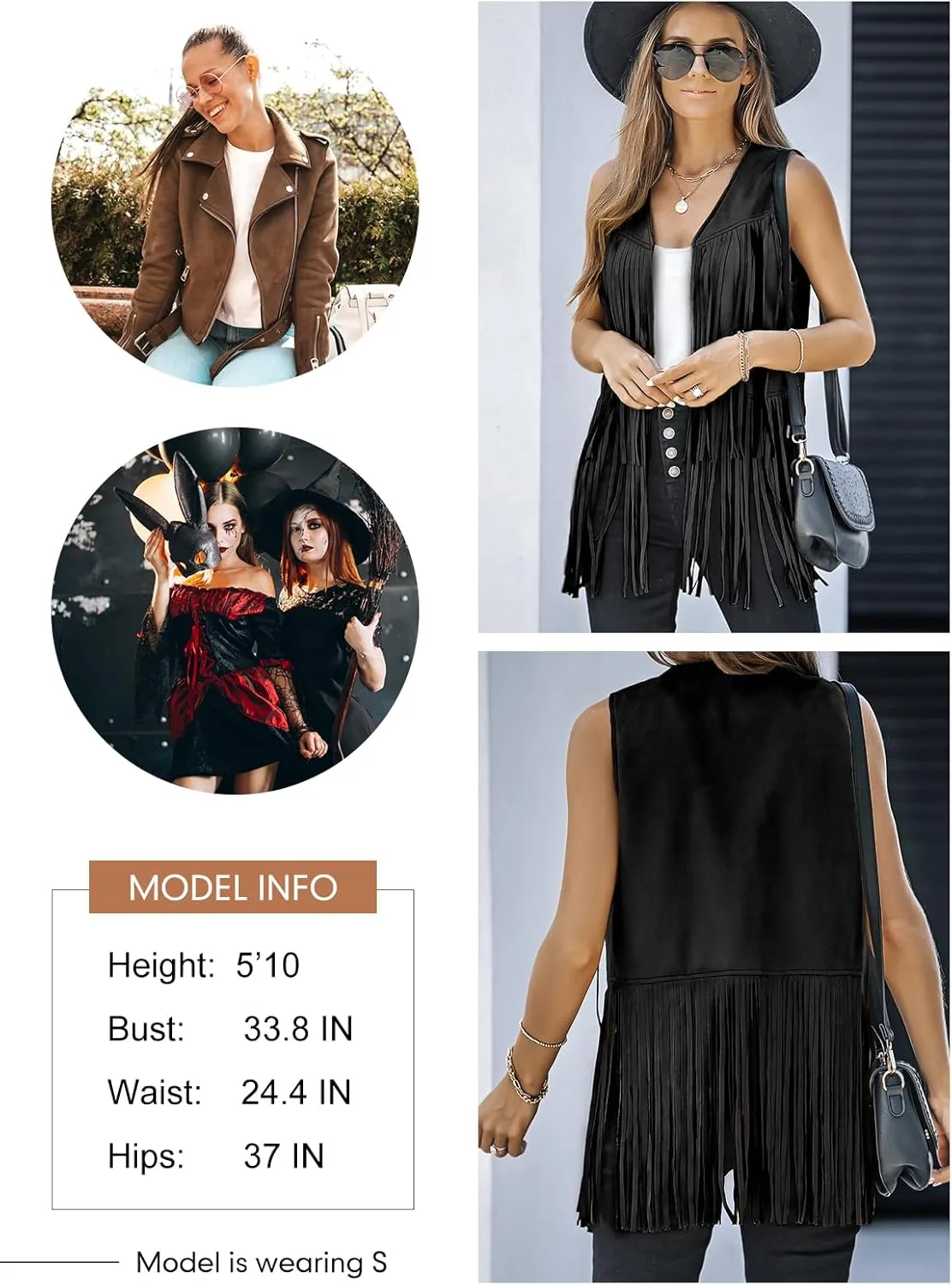 Dokotoo Womens Fringe Vest 70s Hippie Costume Sleeveless Cowgirl Western Faux Suede Tassel Leather Outerwear