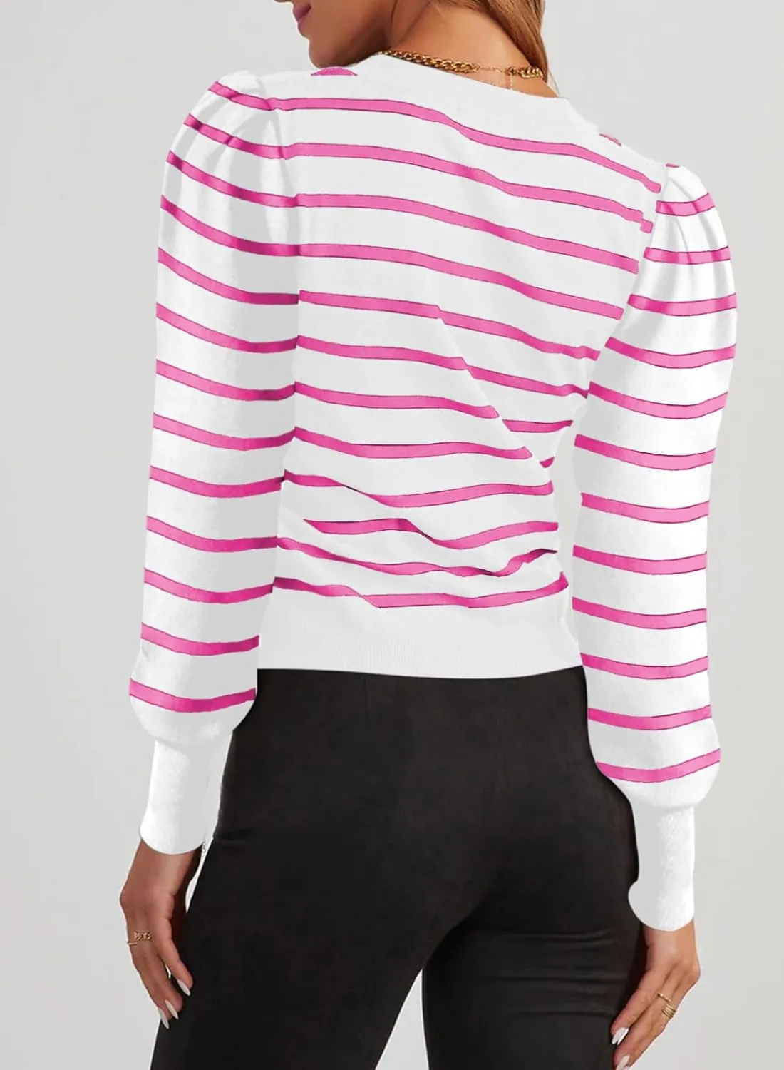 Dokotoo Women's Striped Sweaters Puff Long Sleeve Crewneck Ribbed Knit Pullover Jumper Tops